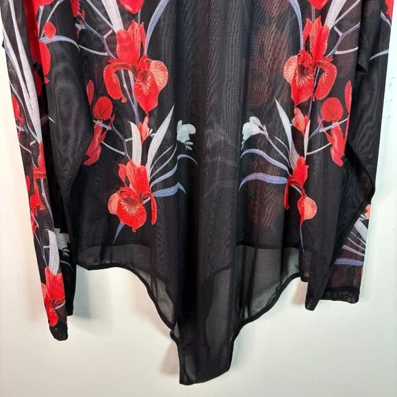 City Chic Bodysuit XXL Women's 24 Black Red Floral Sheer Mesh Mock Neck Stretch - Picture 6 of 8